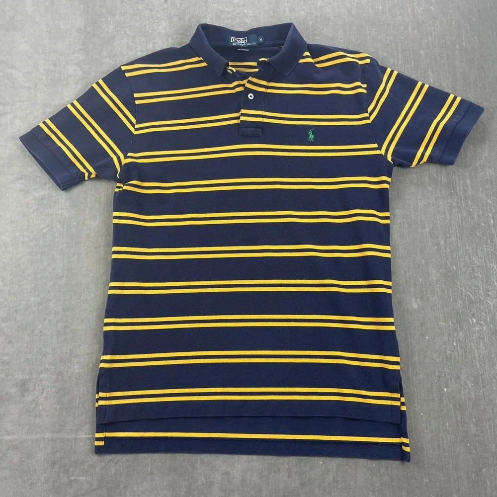 Polo Ralph Lauren Mens M Navy Yellow Striped Short Sleeve Pique‎ Polo Shirt